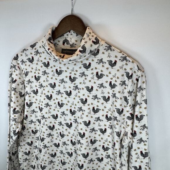 Northern Isles Women’s L Chicken Rooster Print Mock Neck Long Sleeve Top Farm - Picture 1 of 7